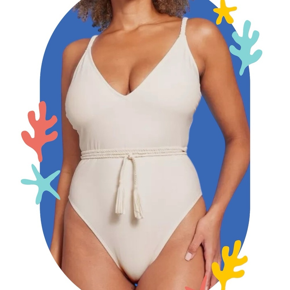 Cream Swimsuit with Plunging V-Neckline and Textured Belt